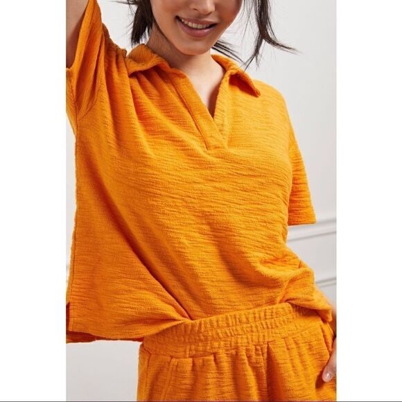 NEW Anthropologie T.La Comfy Orange Polo Shirt + Shorts Lounge Pajama Set Medium - Picture 3 of 6